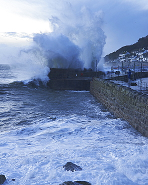 Winter storm at the fishing village of Mousehole, Cornwall, England, United Kingdom, Europe