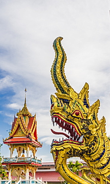 Serpentine dragons on a temple at the Office of National Buddhism, in Phuket Town, Phuket, Thailand, Southeast Asia, Asia