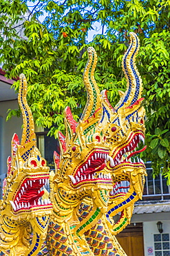 Serpentine dragons on a temple at the Office of National Buddhism, in Phuket Town, Phuket, Thailand, Southeast Asia, Asia