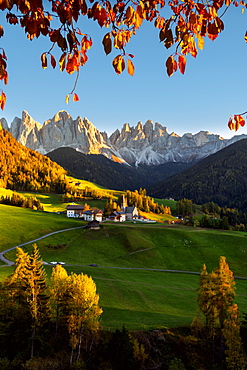 Funes valley in autumn season, Santa Magdalena, Bolzano Province, Trentino-Alto Adige, Italy, Europe