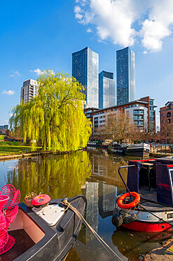 Skyscrapers reflected at Castlefield Basin, Manchester, England, United Kingdom, Europe