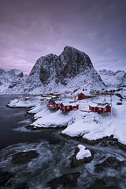 The Village of Hamnoy in a winter, Reine, Lilandstindan, Moskenesoya, Lofoten, Nordland, Arctic, Norway, Europe