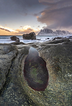 Uttakleiv Beach covered with snow, Vestvagoy, Lofoten Islands, Nordland, Arctic, Norway, Europe