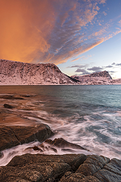 A dramatic sunset at Haukland Beach, Lofoten, Nordland, Arctic, Norway, Europe