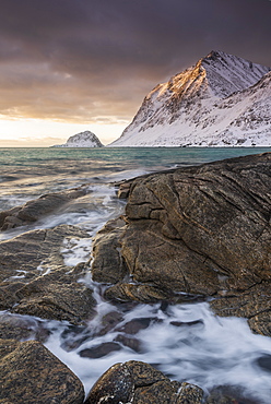 Sunset at Haukland Beach in winter, Lofoten, Nordland, Norway, Europe