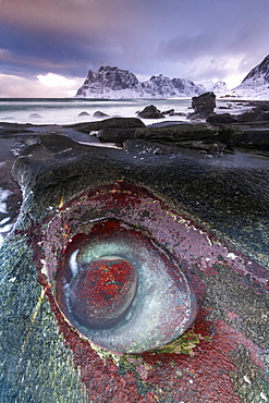 Unusual rock formation at Uttakleiv Beach, Vestvagoy, Lofoten Islands, Nordland, Norway, Europe