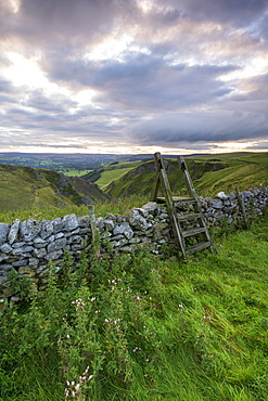 The elevated view of Winnats Pass and Hope Valley, Winnats Pass, Hope Valley, Peak District, Derbyshire, England, United Kingdom, Europe