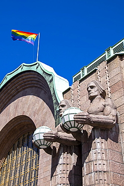 The facade of Central Railway Station, Rautatientori Metro Station, Helsinki, Finland, Scandinavia, Europe