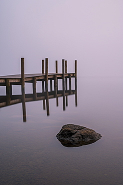 The new Brandlehow Jetty with morning mist, Derwentwater, Lake District National Park, UNESCO World Heritage Site, Cumbria, England, United Kingdom, Europe