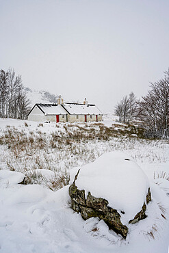 Black Rock Cottages with snow, Rannoch Moor, Glencoe, Highland region, Scotland, United Kingdom, Europe