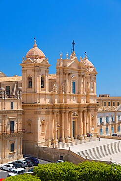 View to the Cathedral of San Nicolo from roof of the Church of San Carlo al Corso, Noto, UNESCO World Heritage Site, Syracuse (Siracusa), Sicily, Italy, Europe