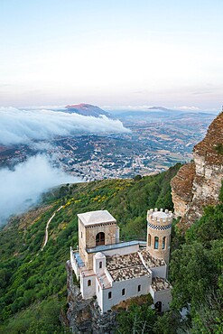 High angle view from clifftop over the Torretta Pepoli, clouds drifting across valley beyond, Erice, Trapani, Sicily, Italy, Mediterranean, Europe