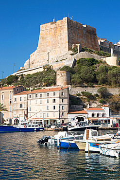 View across harbour to the historic citadel, the Bastion de l'Etendard prominent, Bonifacio, Corse-du-Sud, Corsica, France, Mediterranean, Europe