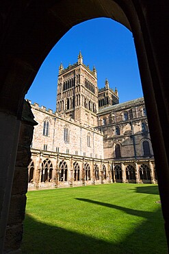 View across cloister lawn to the twin western towers of Durham Cathedral, Durham, County Durham, England, United Kingdom, Europe