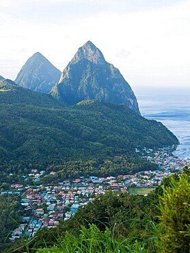 View to the Pitons, UNESCO World Heritage Site, from hillside above the town and the Caribbean Sea beyond, Soufriere, St. Lucia, Windward Islands, Lesser Antilles, West Indies, Caribbean, Central America