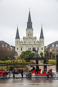 Jackson Square in the French Quarter on a dreary, foggy day before Mardis Gras, New Orleans, Louisiana, United States of America, North America