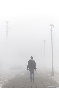 Walking in dense morning fog, French Quarter, New Orleans, Louisiana, United States of America, North America