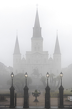 Jackson Square in the French Quarter, obscured by dense morning fog, New Orleans, Louisiana, United States of America, North America