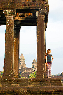 Female tourist gazing out at the Angkor archaeological complex, UNESCO World Heritage Site, Siem Reap, Cambodia, Indochina, Southeast Asia, Asia