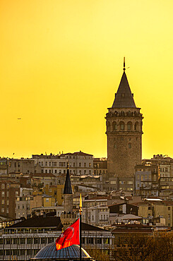 Sunset with the Galata Tower in view, Istanbul, Turkey, Europe