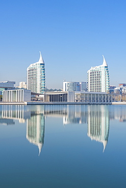 Reflection of Pavilhao de Portugal, Expo 98, in Parque das Nacoes (Park of the Nations), Lisbon, Portugal, Europe