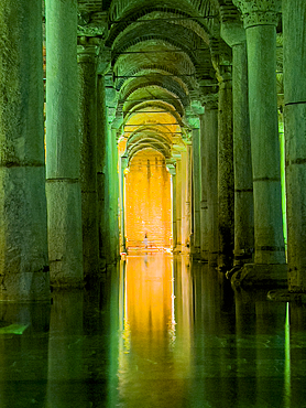 Basilica Cistern with green illumination, Istanbul, Turkey, Europe