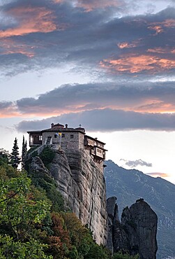 Clouds at sunset over Roussanou (St. Barbara) Monastery, Meteora, UNESCO World Heritage Site, Thessaly, Greece, Europe