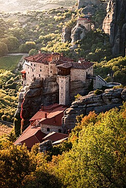 Sunset on Agios Nikolaos monastery, Meteora, UNESCO World Heritage Site, Thessaly, Greece, Europe