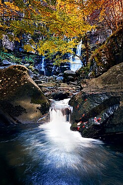 Long exposure at Dardagna waterfalls in autumn, Parco Regionale del Corno alle Scale, Emilia Romagna, Italy, Europe