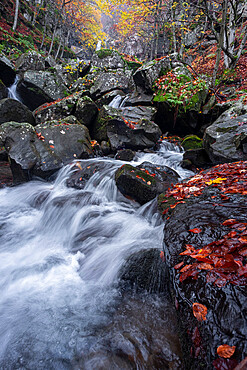 Long exposure of a waterfall flowing between rocks in a wood during autumn, Emilia Romagna, Italy, Europe