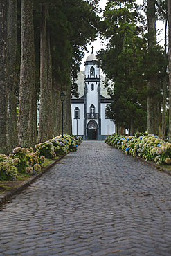 Boulevard of the church Igreja de Sao Nicolau in Sete Cidades, Sao Miguel island, Azores Islands, Portugal, Atlantic, Europe