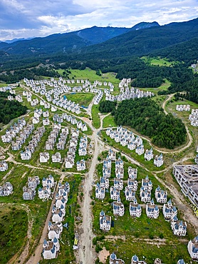 Burj al Babas drone aerial view of abandoned ghost town fairytale castles in Turkey