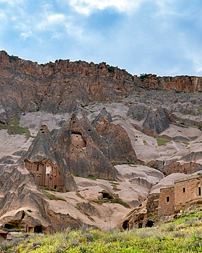 Selime ancient town with houses carved on the rocks in Cappadocia, Turkey