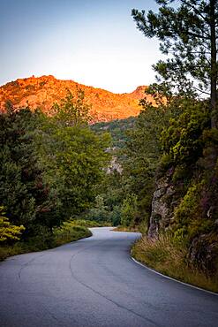 Road in a mountain landscape at sunset golden hour in Geres National Park, Norte, Portugal, Europe