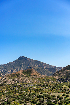 Tabernas desert landscape on a sunny day, Almeria, Andalusia, Spain, Europe