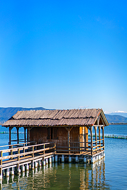 Fisherman traditional wooden house built on the sea in Tourlida Missolonghi, Greece