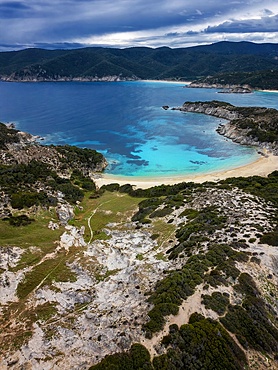 Kalamitsi wild beach drone aerial view with turquoise water in Greece