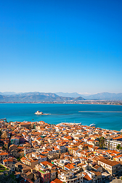 Nafplion historic city view with Palamidi fortress and bourtzi castle island in Greece