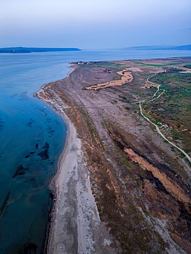Drone aerial view of Sigeion cape in Cannakale at sunset in Turkey