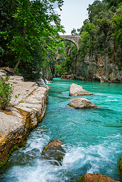 Koprulu canyon with turquoise water and the famous arch bridge in Turkey