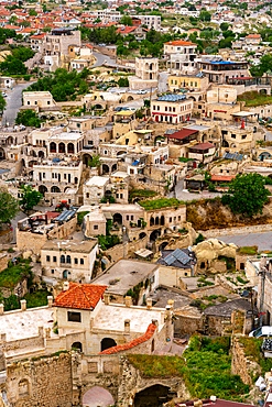Ortahisar city with traditional houses seen from the castle in Cappadocia, Turkey