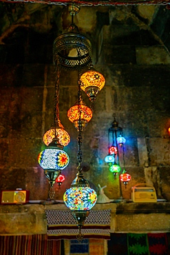 Turkish room with beautiful colorful chandelier light decorations in Turkey