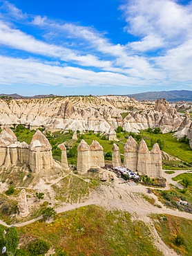 Drone aerial view of Love valley with beautiful rock formations in Cappadocia, Turkey