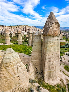 Drone aerial view of Love valley with beautiful rock formations in Cappadocia, Turkey