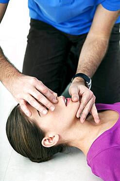 First aid techniques : mouth-to-mouth resuscitation.