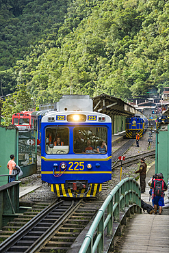 Peru Rail train at Machu Picchu Pueblo, Peru.