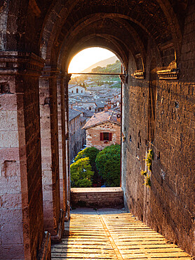 Palazzo dei Consoli and the classic spot below it, at sunset, Gubbio, Umbria, Italy, Europe