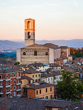 View of Perugia's cityscape from Giardini Carducci viewpoint at sunset, with St. Domenico's Convent, Perugia, Umbria, Italy, Europe