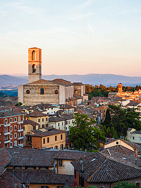 View of Perugia's cityscape from Giardini Carducci viewpoint at sunset, with St. Domenico's Convent, Perugia, Umbria, Italy, Europe