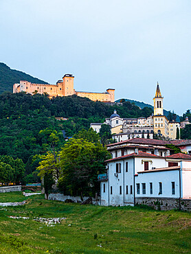 View of the Rocca Albornoz and Spoleto Cathedral at dawn, Spoleto, Umbria, Italy, Europe